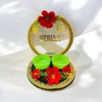 Mehndi Ceremony Decoration Platter Set for Wedding | Mehndi Thali With Bowl Wood Decorative Platter (Green)
