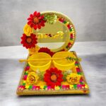 Haldi Ceremony Decoration Thali Set for Wedding | Haldi Rasam Plate Wood Decorative Platter (Yellow)