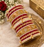 Classic Maroon Dulhan Chooda Set with Gold Kundan Kada & Pearl Latkan